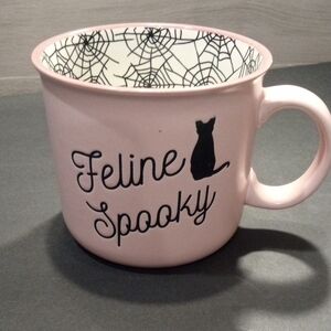 Pink Ceramic 'Feline Spooky' Cat Mug with Spiderweb Interior